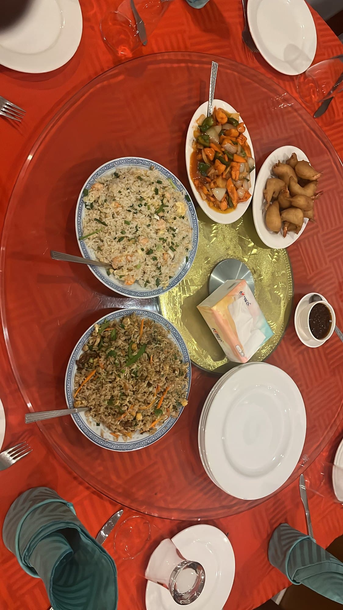 A table of dishes shared on the lazy Susan